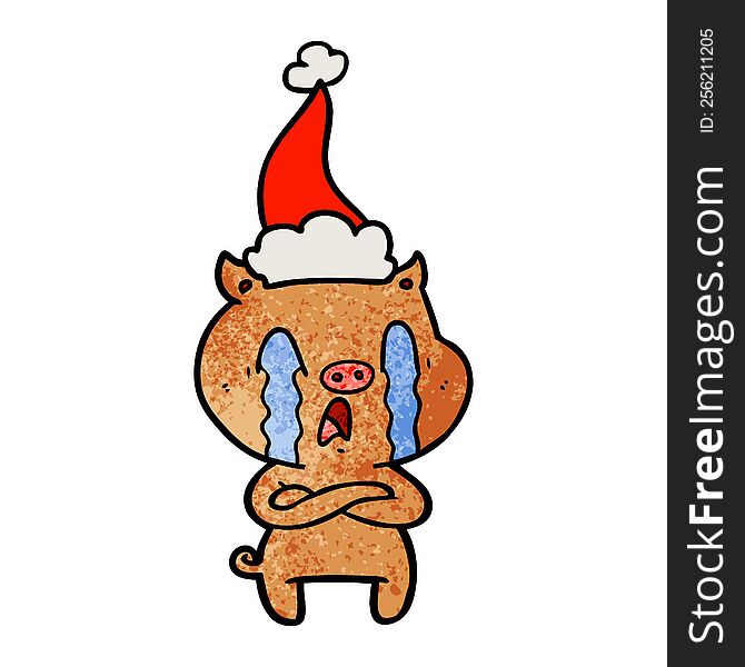 Crying Pig Textured Cartoon Of A Wearing Santa Hat