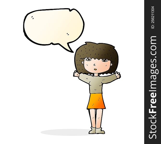 Cartoon Woman Raising Arms In Air With Speech Bubble