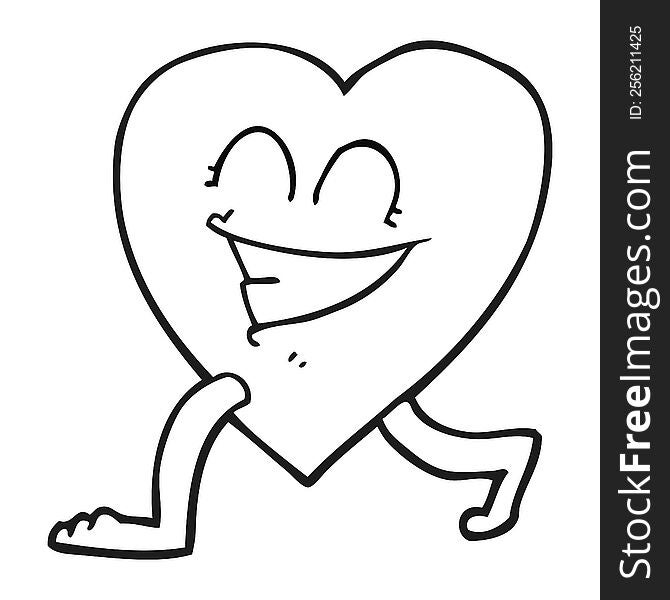 freehand drawn black and white cartoon walking heart