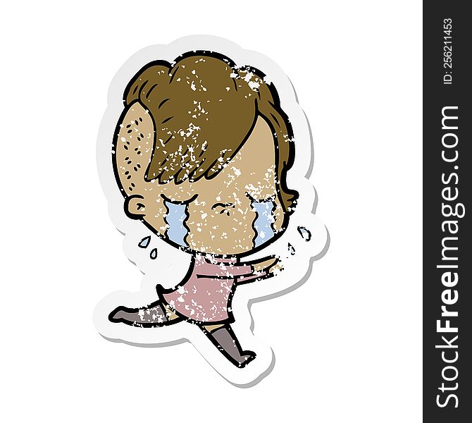distressed sticker of a cartoon crying girl running away