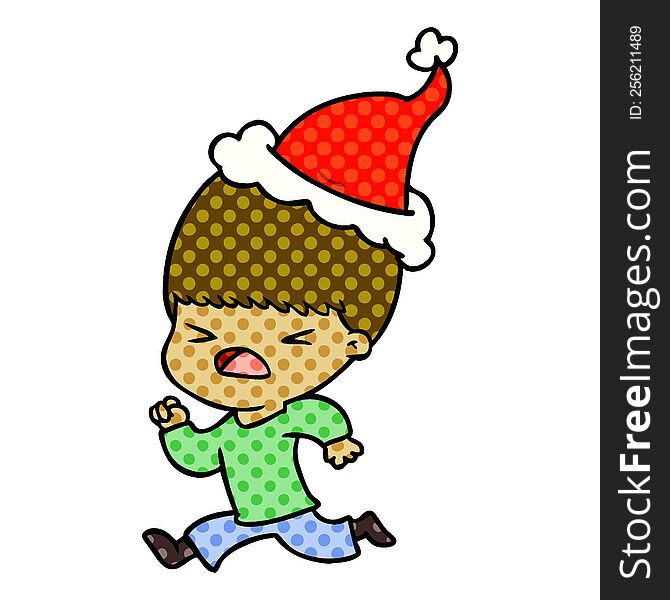 hand drawn comic book style illustration of a stressed man wearing santa hat