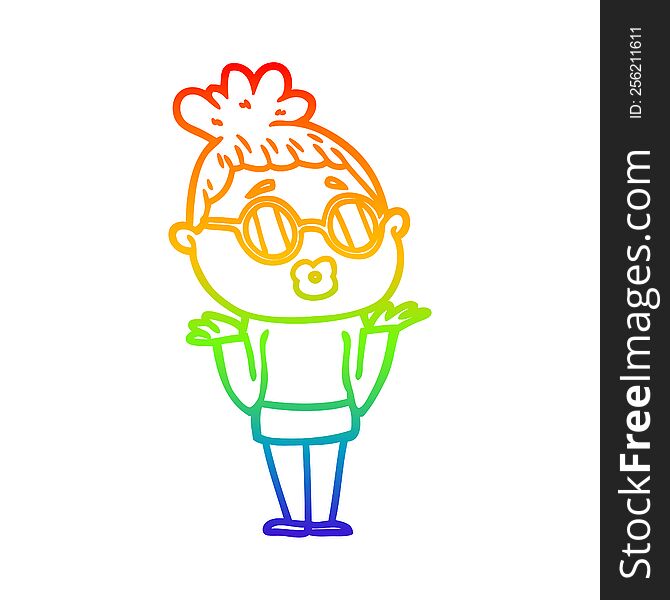 rainbow gradient line drawing of a cartoon confused woman wearing spectacles