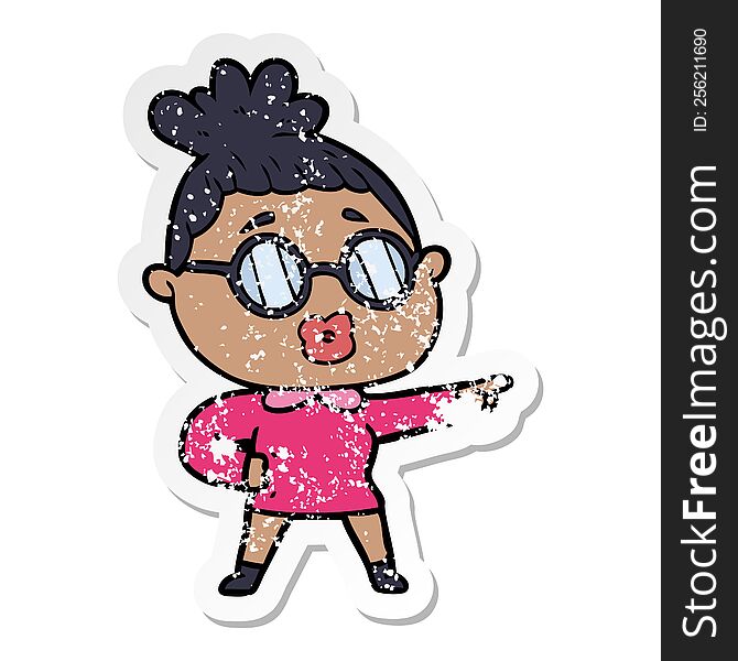 Distressed Sticker Of A Cartoon Pointing Woman Wearing Spectacles