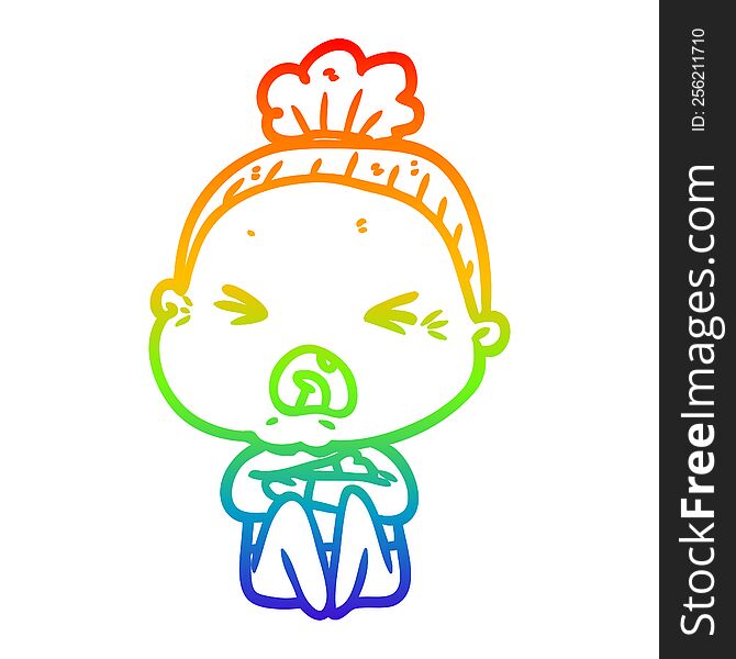 Rainbow Gradient Line Drawing Cartoon Angry Old Woman