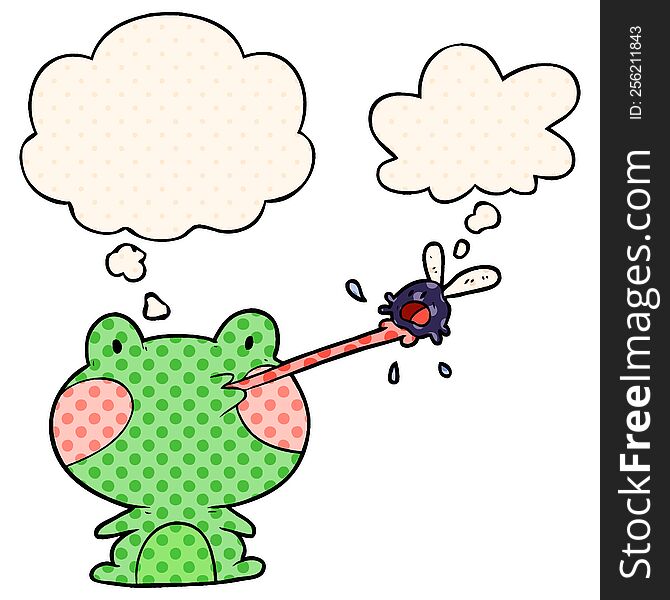 cartoon frog catching fly with thought bubble in comic book style