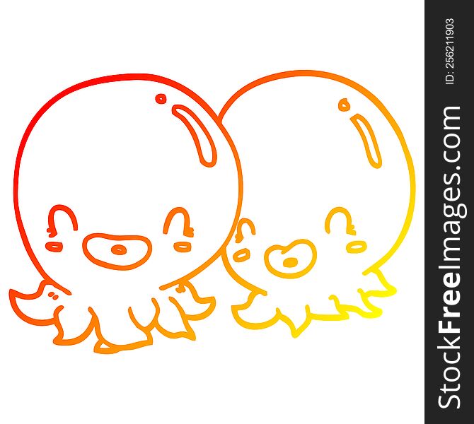 Warm Gradient Line Drawing Two Cartoon Octopi