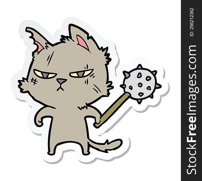 Sticker Of A Tough Cartoon Cat With Mace