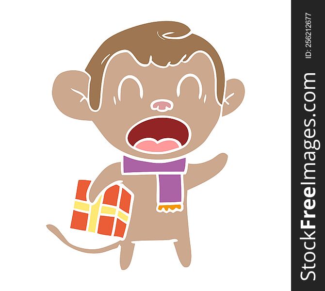 shouting flat color style cartoon monkey carrying christmas gift