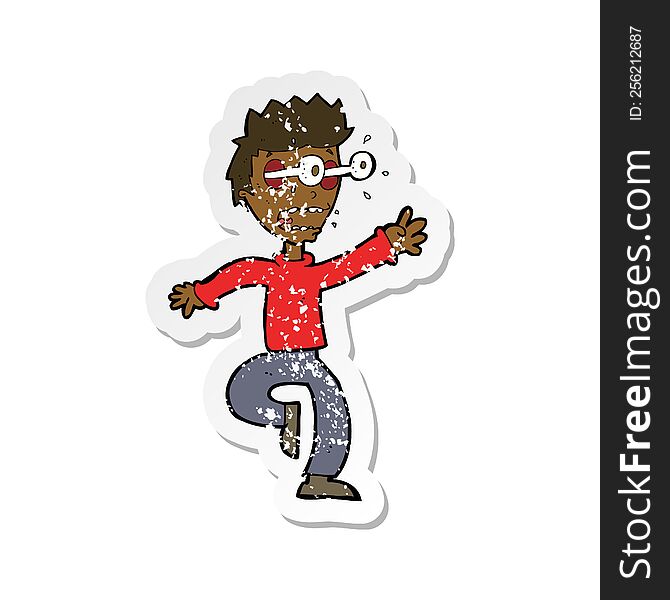 retro distressed sticker of a cartoon terrified man with eyes popping out