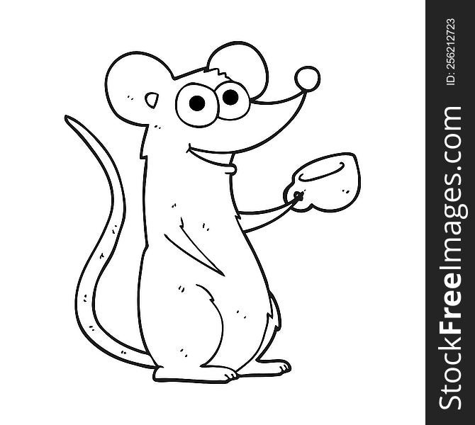 freehand drawn black and white cartoon mouse with cup of tea