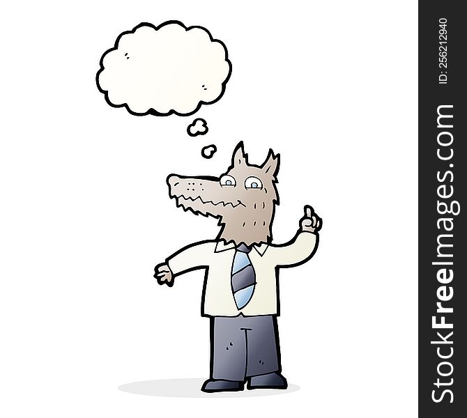 cartoon business wolf with idea with thought bubble