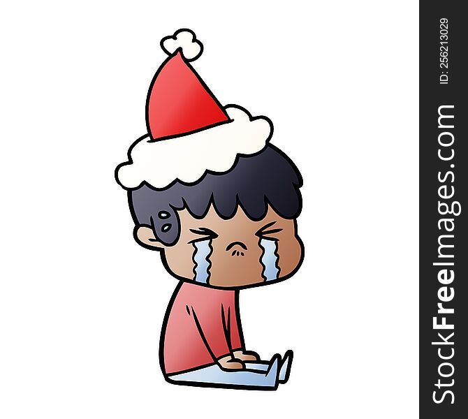 Gradient Cartoon Of A Boy Crying Wearing Santa Hat