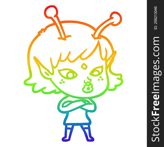 Rainbow Gradient Line Drawing Pretty Cartoon Alien Girl