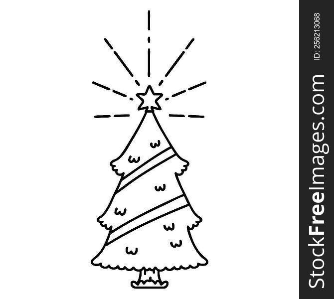 illustration of a traditional black line work tattoo style christmas tree with star