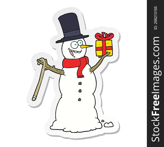 Sticker Of A Cartoon Snowman Holding Present