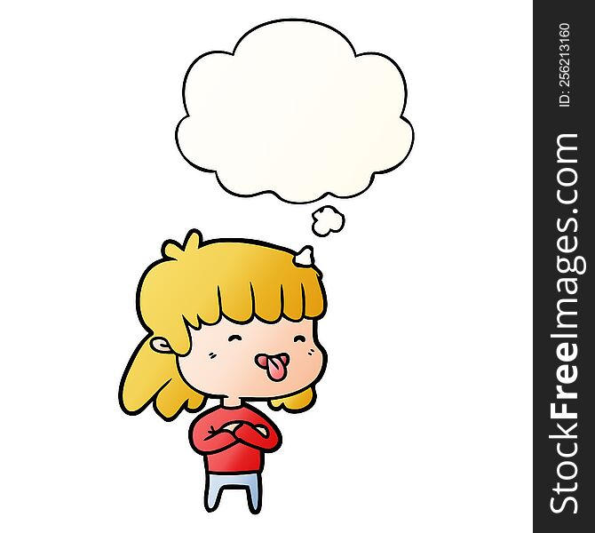 cartoon girl sticking out tongue with thought bubble in smooth gradient style