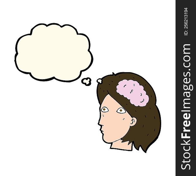 Cartoon Female Head With Brain Symbol With Thought Bubble