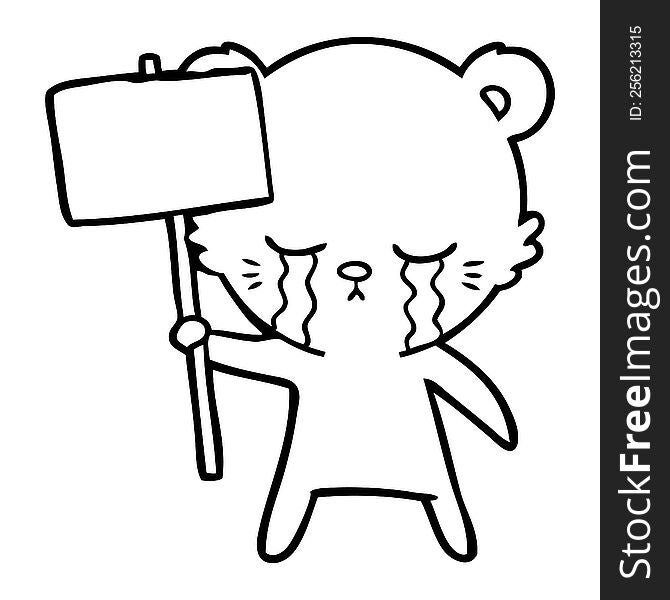 crying cartoon bear with sign post. crying cartoon bear with sign post