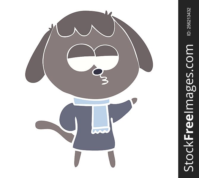 flat color style cartoon tired dog wearing winter clothes