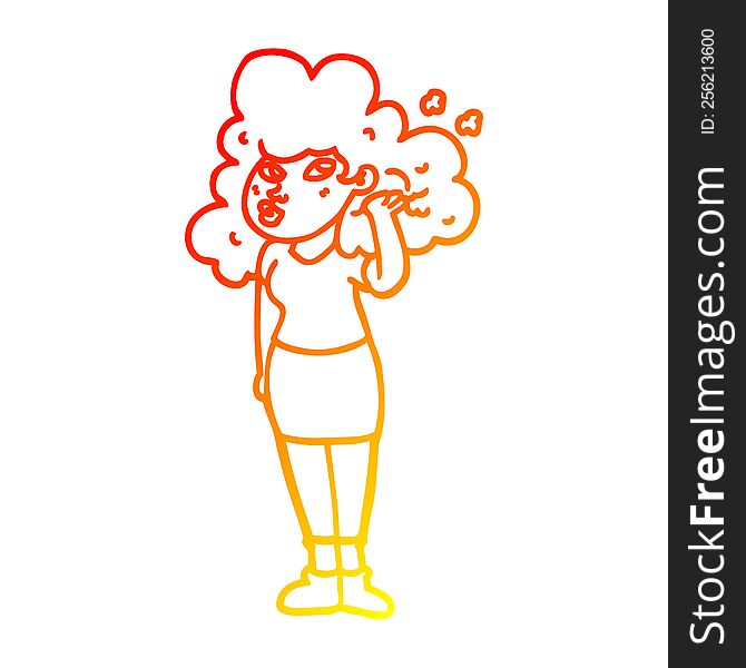 warm gradient line drawing of a cartoon girl playing with hair