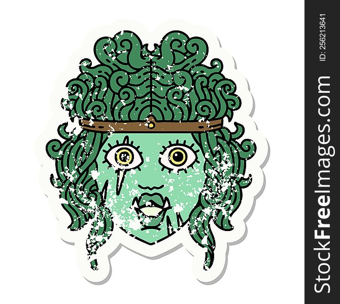 grunge sticker of a orc barbarian character face. grunge sticker of a orc barbarian character face