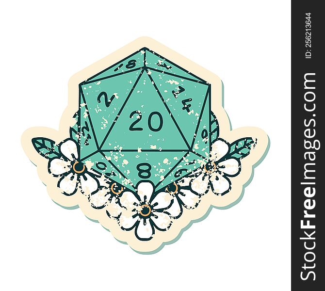 grunge sticker of a natural 20 D20 dice roll with floral elements. grunge sticker of a natural 20 D20 dice roll with floral elements