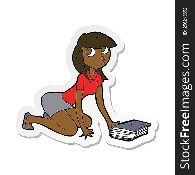 sticker of a cartoon girl picking up book