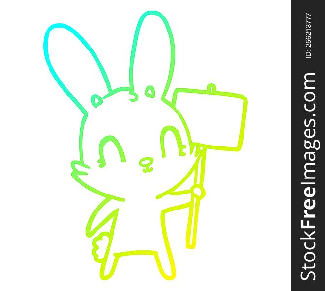 Cold Gradient Line Drawing Cute Cartoon Rabbit With Sign