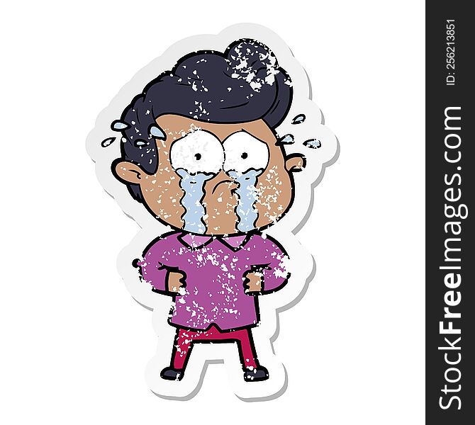 distressed sticker of a cartoon crying man with hands on hips
