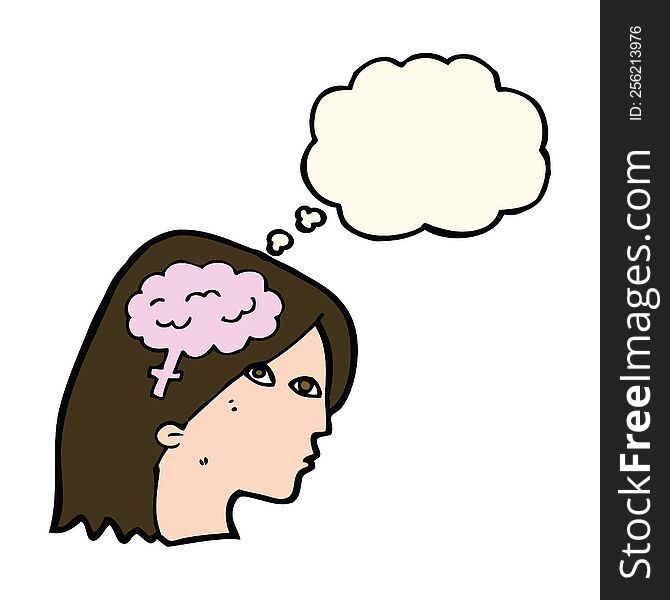 Cartoon Female Head With Brain Symbol With Thought Bubble