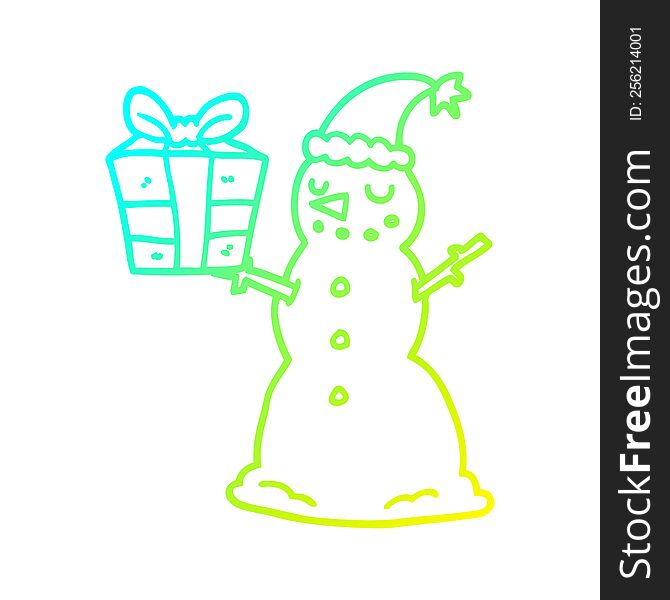 cold gradient line drawing of a cartoon snowman with present