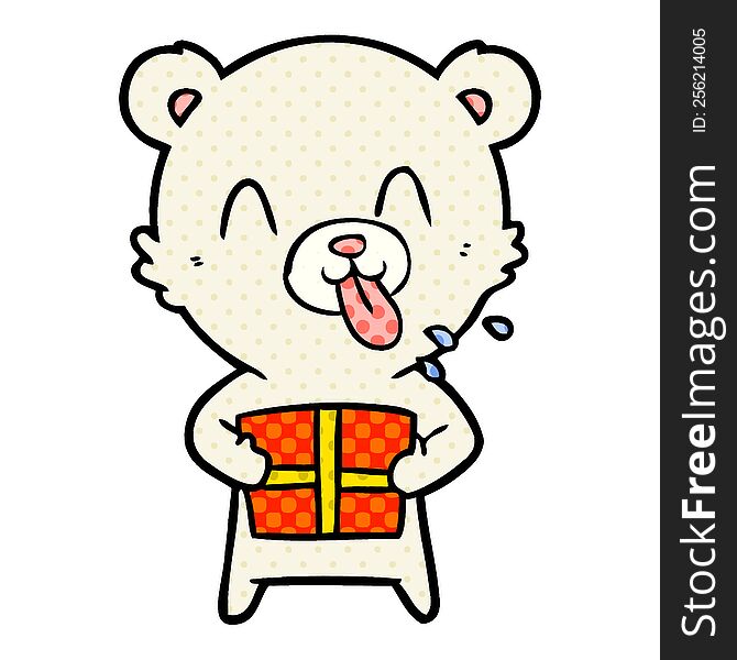 rude cartoon polar bear sticking out tongue with present. rude cartoon polar bear sticking out tongue with present