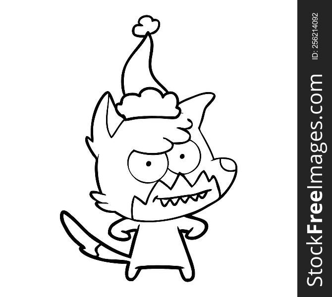Line Drawing Of A Grinning Fox Wearing Santa Hat