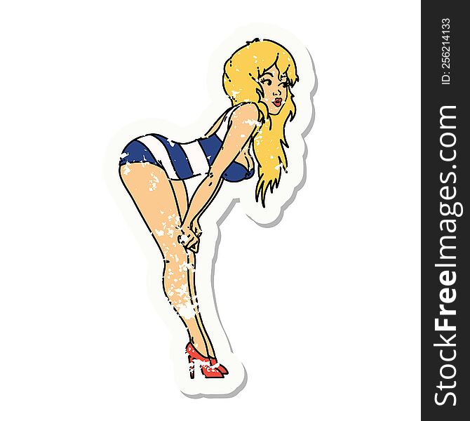 distressed sticker tattoo in traditional style of a pinup girl in swimming costume. distressed sticker tattoo in traditional style of a pinup girl in swimming costume