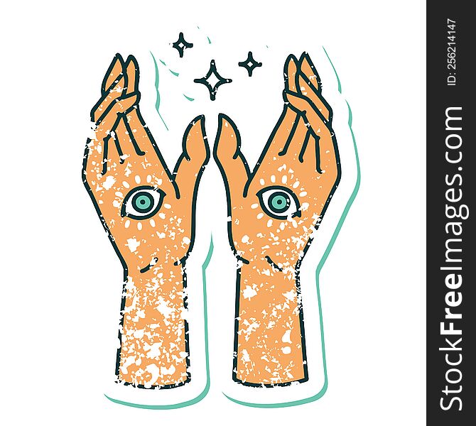 Distressed Sticker Tattoo Style Icon Of Mystic Hands