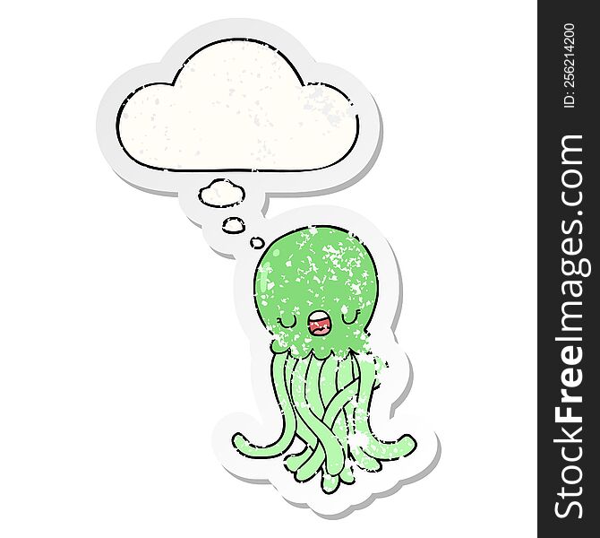 cartoon jellyfish with thought bubble as a distressed worn sticker