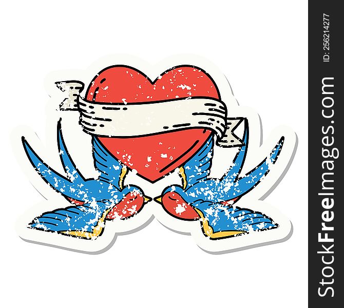 distressed sticker tattoo in traditional style of swallows and a heart with banner. distressed sticker tattoo in traditional style of swallows and a heart with banner