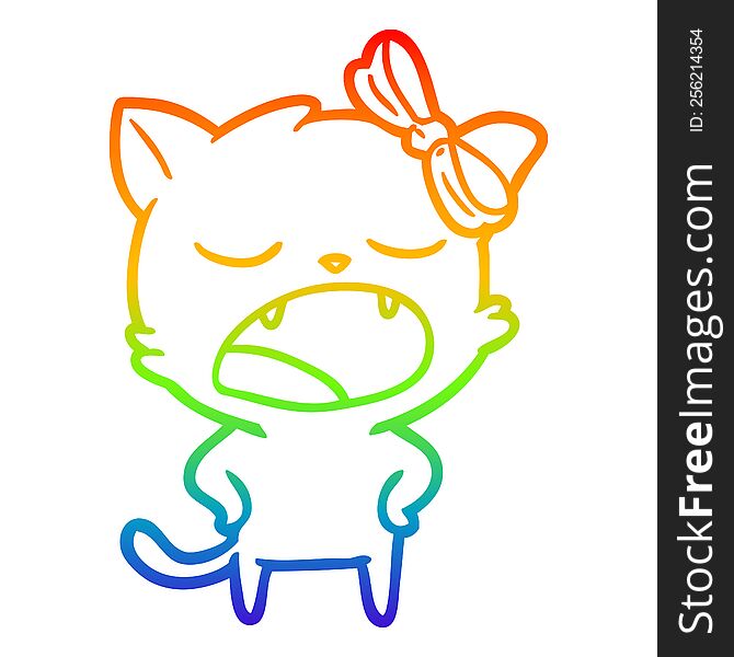 Rainbow Gradient Line Drawing Cartoon Yawning Cat
