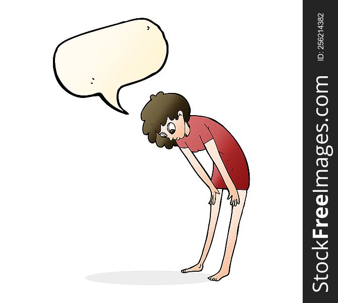 Cartoon Woman Looking At Her Feet With Speech Bubble