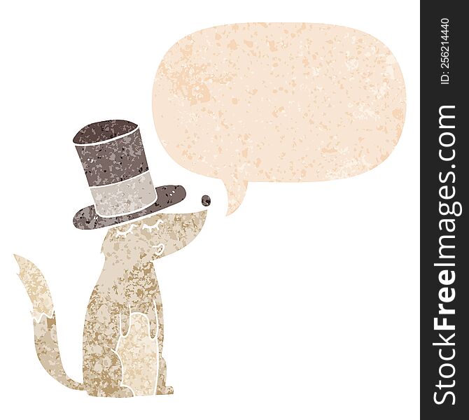 Cartoon Wolf Whistling Wearing Top Hat And Speech Bubble In Retro Textured Style