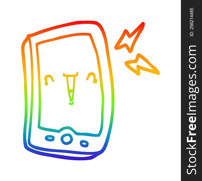 rainbow gradient line drawing of a cute cartoon mobile phone