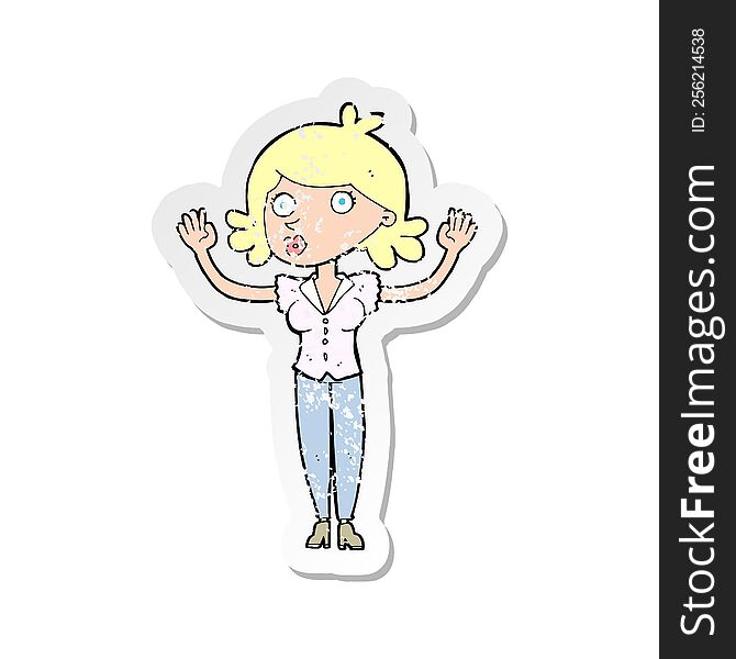 retro distressed sticker of a cartoon woman surrendering
