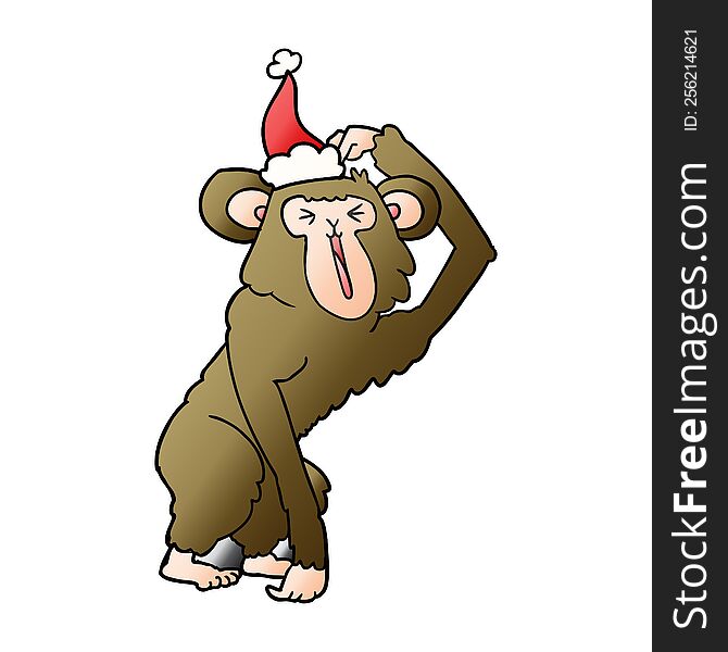 gradient cartoon of a chimp scratching head wearing santa hat