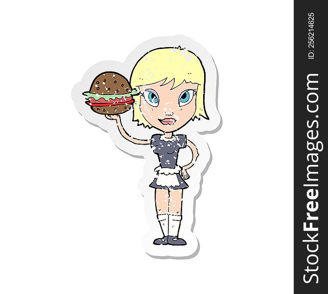 retro distressed sticker of a cartoon waitress with burger