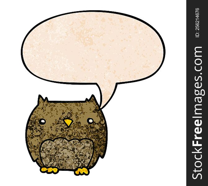 Cute Cartoon Owl And Speech Bubble In Retro Texture Style