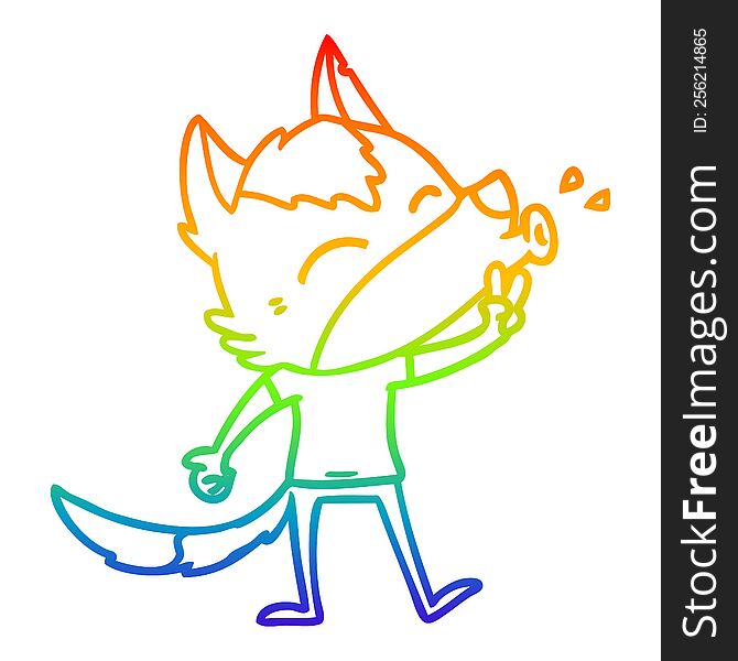 rainbow gradient line drawing of a howling cartoon wolf wearing clothes