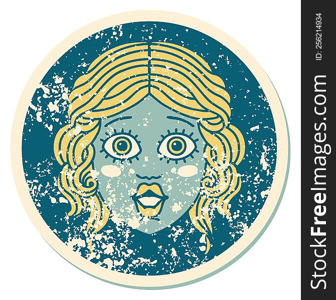 iconic distressed sticker tattoo style image of female face. iconic distressed sticker tattoo style image of female face