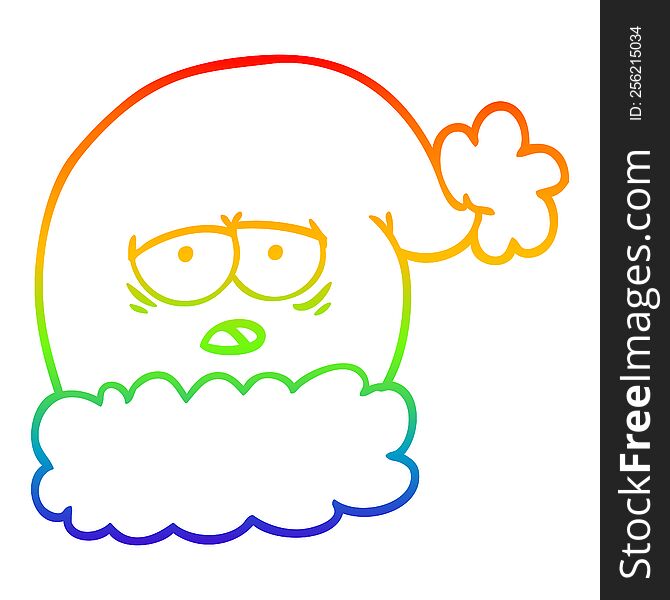 rainbow gradient line drawing of a cartoon christmas santa hat with tired face