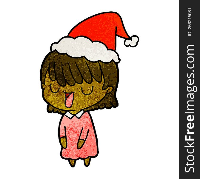 hand drawn textured cartoon of a woman wearing santa hat