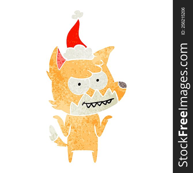 Retro Cartoon Of A Grinning Fox Wearing Santa Hat